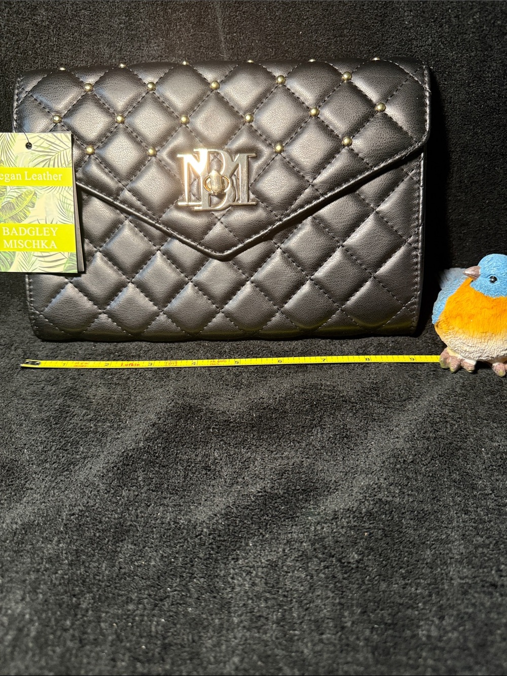 bebe Black Quilted Envelope Clutch with Gold Accents